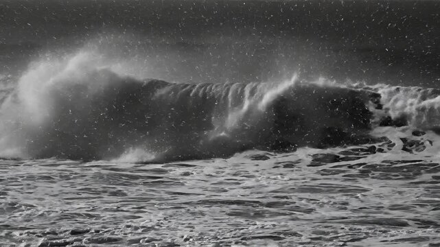 Powerful ocean wave crashing in black and white monochrome.