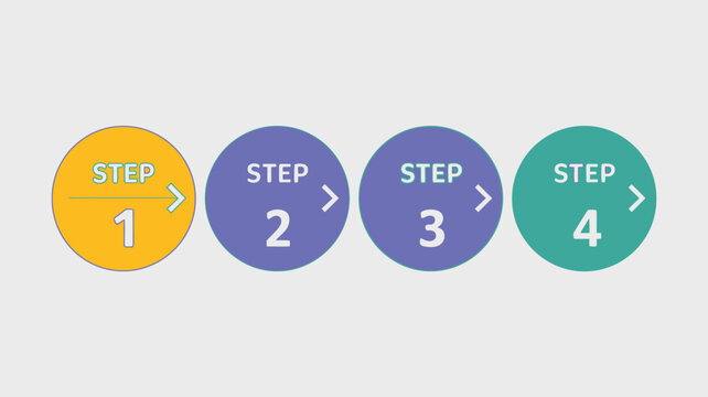 Four colorful step progress circles with arrows for tutorial or guide