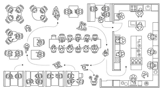 Vector restaurant floor plan blueprint with dining tables commercial kitchen and chefs