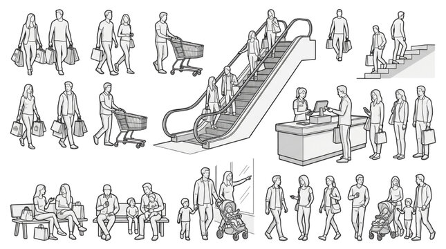 Vector shopping mall retail entourage elements with shoppers checkout counter and escalators