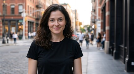 Fototapeta premium Portrait of a smiling woman on a city street. Happy brunette female in black t-shirt standing in urban environment. Lifestyle and travel concept