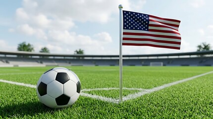 Naklejka premium Football at stadium corner with american flag post.