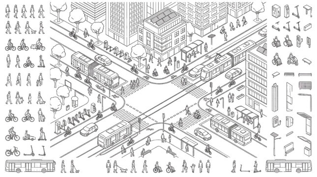 Vector isometric smart city master plan with sustainable public transport and eco urban elements