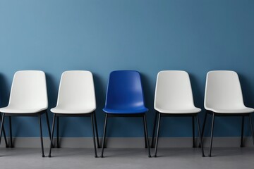 Obraz premium Row of identical chairs with one blue standout chair against blue wall. Empty interior space suggests choice or unique option. Minimalist setting offers potential.