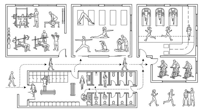Vector gym fitness center interior layout blueprint with people exercising