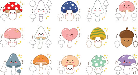 Cute mushroom character icon collection with colorful kawaii fungi illustrations for stickers children branding social media and playful digital design © Sreemotimadhobi