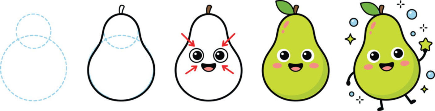 Cute pear character drawing tutorial with step by step kawaii fruit illustration process for children education stickers and creative design projects