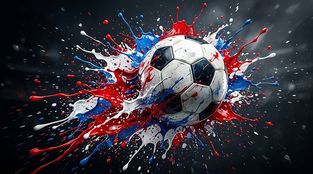 Soccer ball explosion in red blue and white.