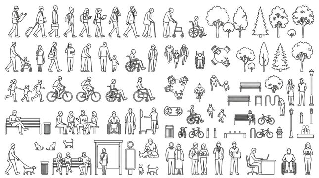 Vector line art collection of people trees park benches and urban street elements for landscape architectural rendering entourage and public space design