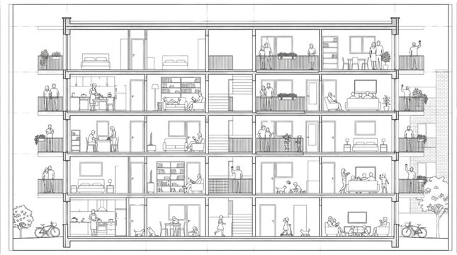 Vector architectural section blueprint of a residential apartment building with people and furniture