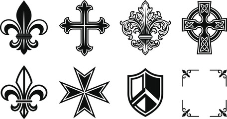 Heraldic Fleur De Lis and Christian Cross Silhouette Vector Icon Set Featuring Maltese Celtic Cross Shield and Vintage Corners for Royal Graphic Design © Sahina