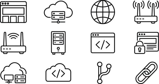 Networking and Cloud Computing Line Art Vector Icon Set Featuring Router Server Blueprint Browser Coding Git Branch and Secure Hyperlink Elements