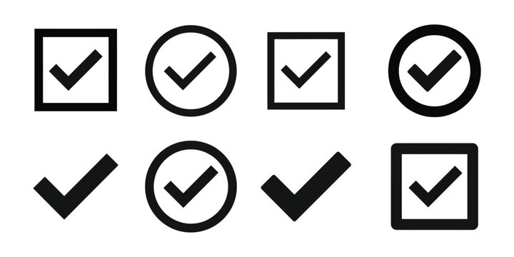 Set of eight black check marks, variety of styles including outlined squares and circles with solid check marks.