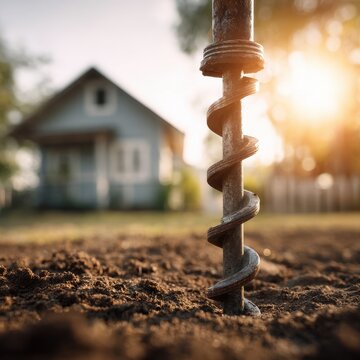 A stunning image of Industrial metal auger drill boring into the ground for home foundation or well