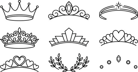 Princess Tiara and Queen Crown Line Art Vector Icon Set Featuring Royal Headpieces Heart Crests Laurel Wreath and Geometric Crystals for Luxury Graphic Design © Sahina
