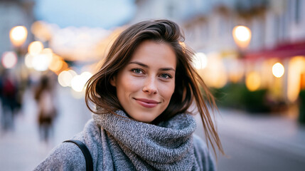 Obraz premium Close-up of a young brunette woman alone walking in a European city center in the evening, European city concept, city evening photography, solo travel lifestyle, defocused