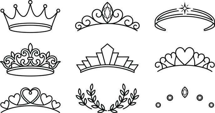 Princess Tiara and Queen Crown Line Art Vector Icon Set Featuring Royal Headpieces Heart Crests Laurel Wreath and Geometric Crystals for Luxury Graphic Design