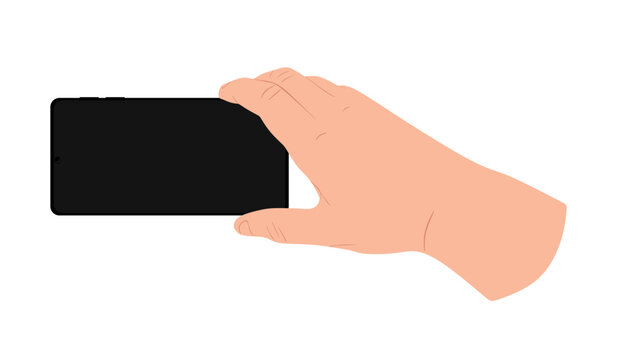 Hand holding mobile smart phone in horizontal position with black blank screen. Hand showing smartphone isolated on white background. Trendy colored flat vector illustration