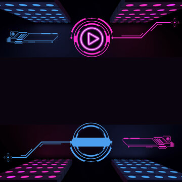 Futuristic sci-fi HUD frame interface with pink and blue neon elements and copy space on dark background.