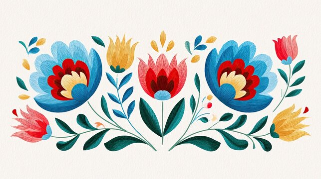 Elegant folk art botanical banner featuring colorful flowers and leaves in a symmetrical arrangement, inspired by traditional decorative styles