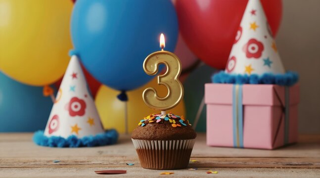 Chocolate muffin with a lit golden candle shaped like number three. Festive balloons, party hats, and a pink gift box create a happy 3rd birthday scene. Colorful confetti lies on wooden table.