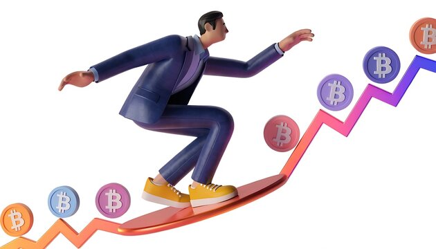 Businessman surfing on rising crypto chart with bitcoin symbols