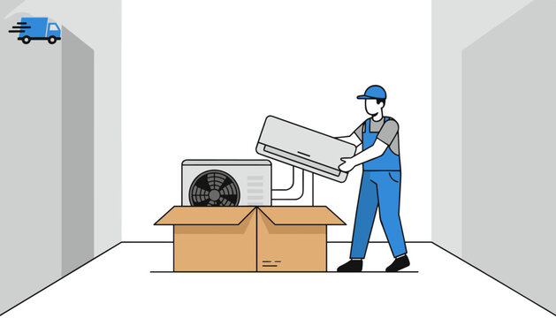 A professional service technician in blue overalls places a white indoor air conditioning unit into a large brown cardboard shipping box in a gray room.