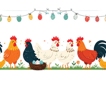 Colorful Roosters and Hens Standing Together.