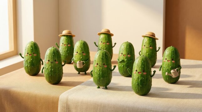 Adorable cucumber vegetable characters with friendly expressions, kawaii green mascot collection for fresh garden produce