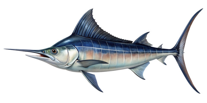 Powerful blue marlin with its distinctive bill and dorsal fin, poised for action in the deep blue sea isolated on a transparent background