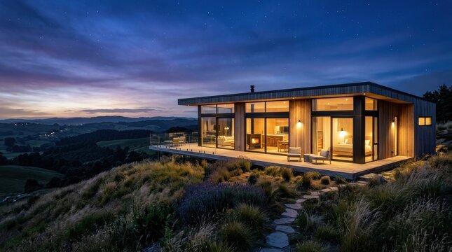 Modern minimalist wooden house with large glass windows situated on a grassy hill at twilight. The interior lights of the house