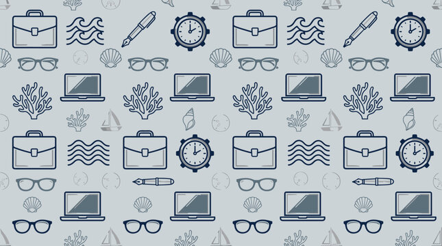 Summer beach metaphors and coastal system symbols arranged in a sophisticated seamless repeating pattern for corporate themes.