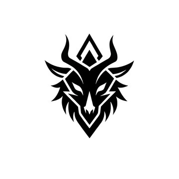 Geometric white outline of a horned mythical beast's head, featuring sharp angles and a diamond-shaped motif isolated on a transparent background