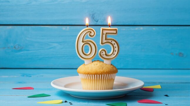 Single cupcake with lit candles shaped like number 65 sits on white plate against blue wooden background. Festive confetti pieces surround cake for birthday celebration.
