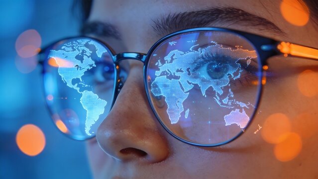 Person wearing glasses with digital world map