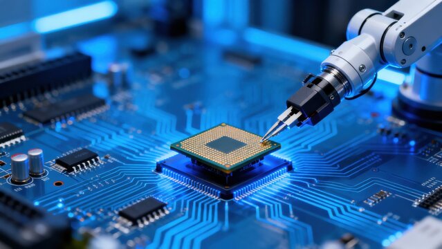 Robot arm placing microchip on circuit board