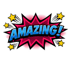Obraz premium AMAZING curved text in classic pop art comic style, striped blue lettering with pink explosion burst and halftone dots pattern isolated on white background