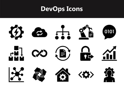 DevOps icons cloud sync infinity loop infrastructure gear code software engineering deployment pipeline flat vector set