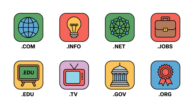 Colorful set of eight domain extension icons with globe light bulb briefcase and more