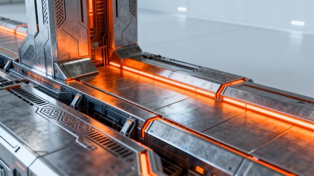 Futuristic metallic structure with glowing lights
