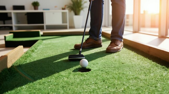 Man plays mini golf indoors near hole on artificial turf. Person focuses on putting ball with club in office or home setting. Casual fun game and leisure activity.