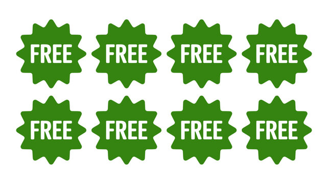 Free badge stickers arranged in two rows of four green circular labels with white text