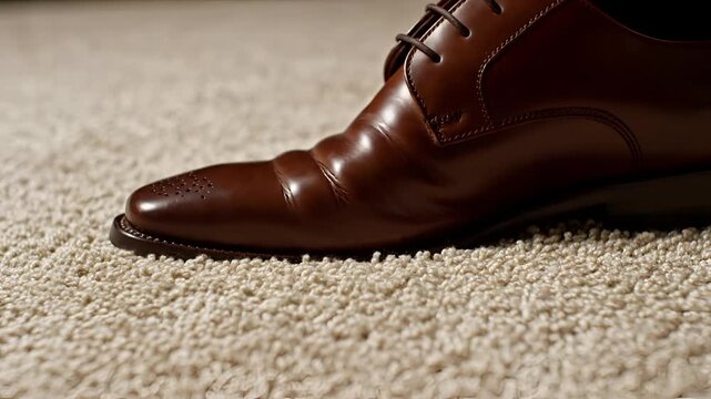 Close up of a polished brown leather dress shoe resting on a textured carpet.
