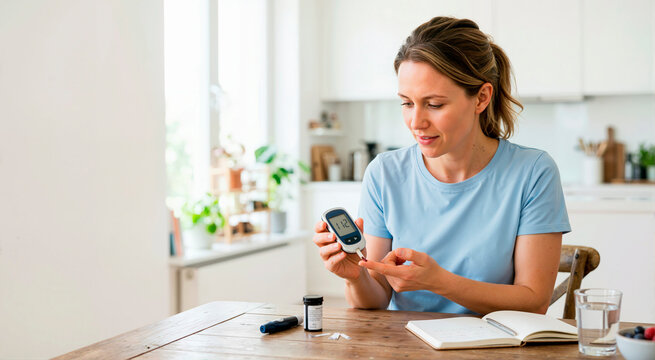 Woman checking blood sugar level with a digital glucometer at a wooden table. Female patient monitoring diabetes with test strips and notebook. Healthcare and wellness concept