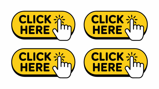 Yellow click here button with finger pointer and light bulb icon for website or app interface