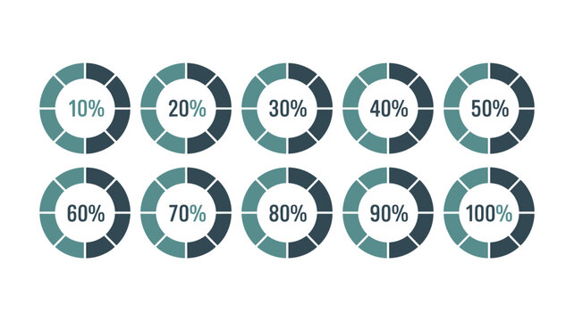 Set of circular progress percentage gauges from 10 to 100 percent in green and dark theme