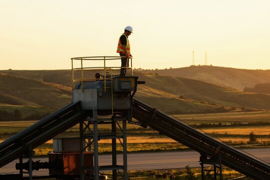 Man in hard hat and safety vest stands on elevated industrial equipment. He looks down at the landscape below during sunset. This scene shows a worker overseeing operations.