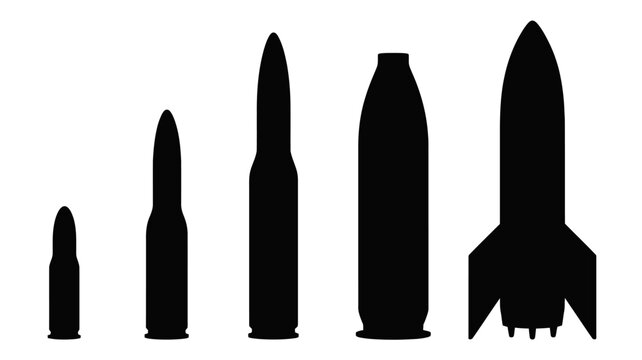 Set of five different rocket and missile silhouettes increasing in size