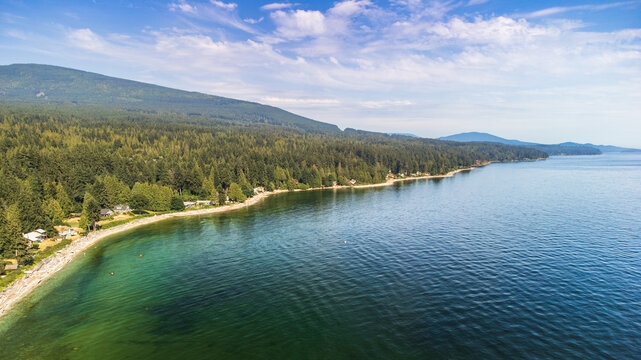 Aerial drone view of Sunshine Coast shoreline in British Columbia