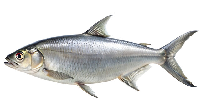 Close-up studio portrait of a single, healthy fish with striking red eyes and a sleek, silver body, isolated on a dark backdrop isolated on a transparent background